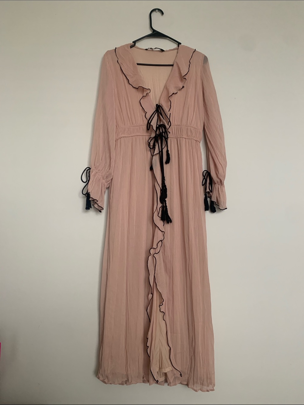 Zara Dusty Pink Maxi Dress with Black Piping and Tassels